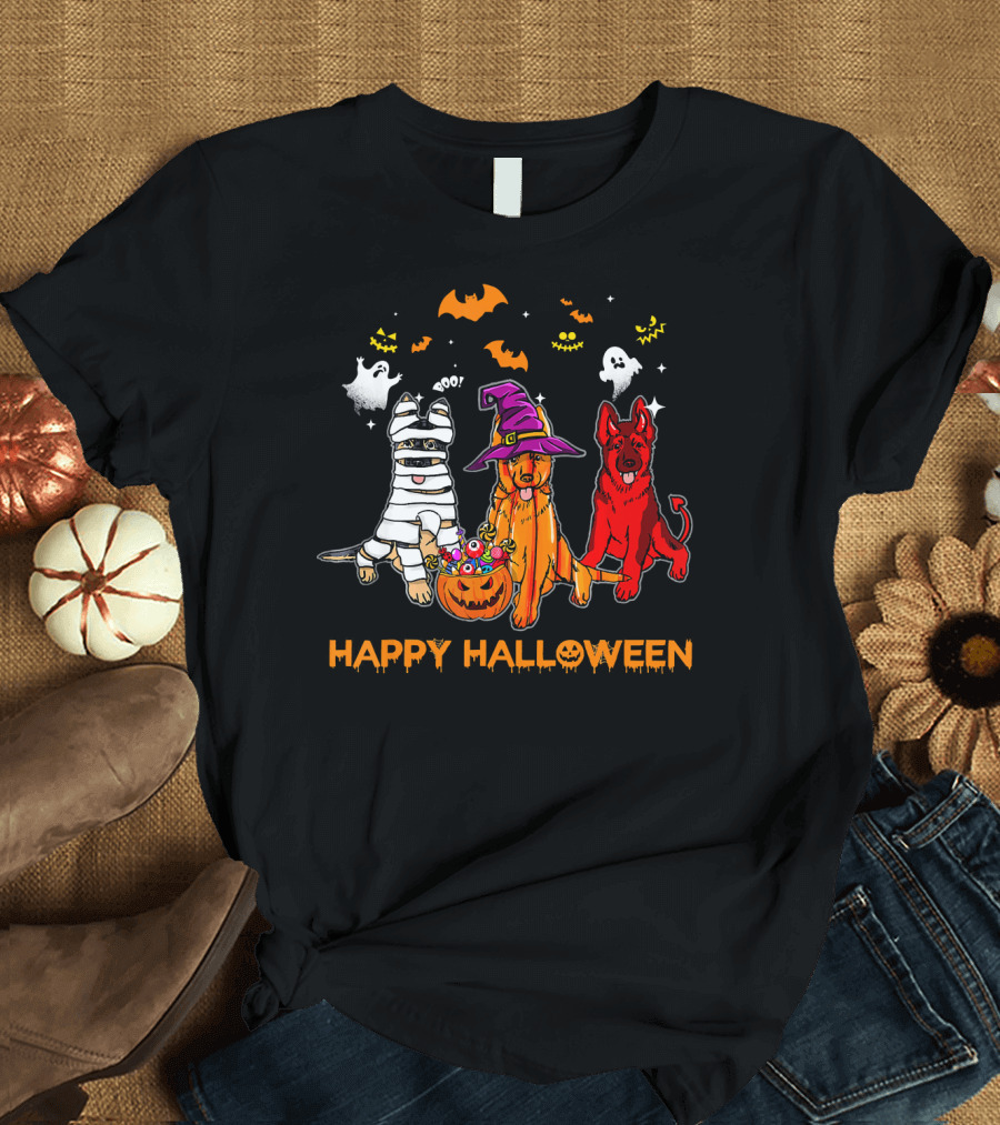 Happy Halloween German Shepherd Mummy Witch Red Dog Ghosts Bats and Stars T-Shirt