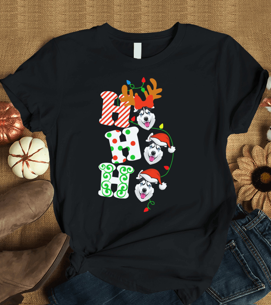 Ho Ho Ho Husky Dog Santa Reindeer Christmas Lights T-Shirt