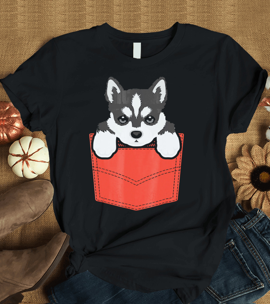 Husky Dog in Red Pocket T-Shirt