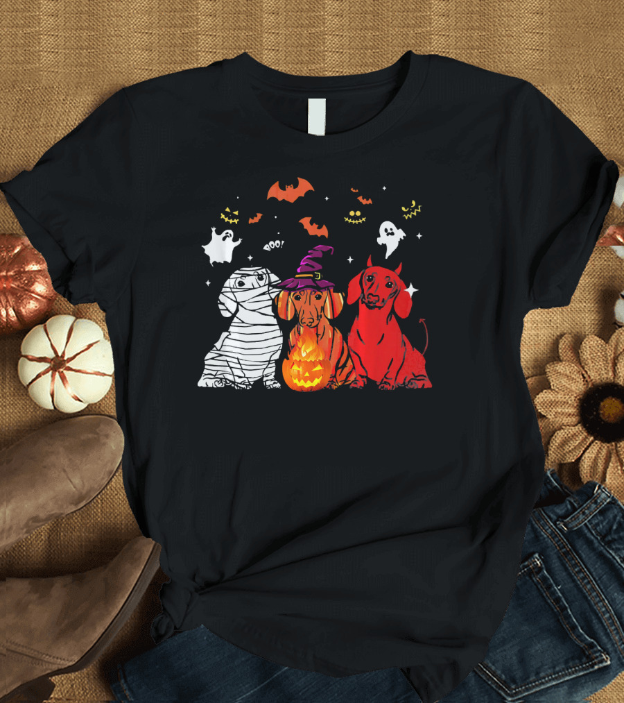 Happy Halloween Dachshund Trio with Ghosts and Pumpkin T-Shirt
