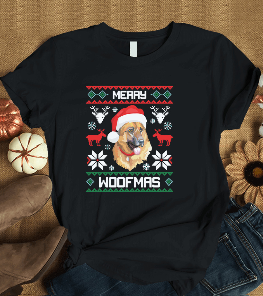 Merry Woofmas German Shepherd Santa Hat Reindeer Ugly Christmas T-Shirt
