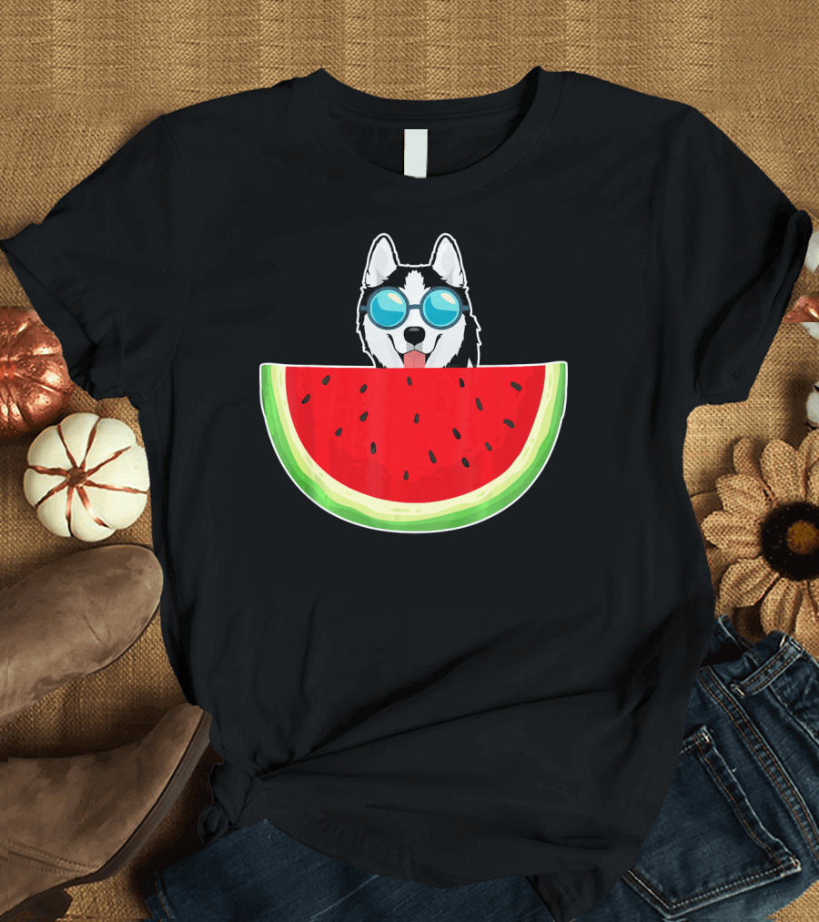 Husky with Sunglasses and Watermelon Womens T-Shirt