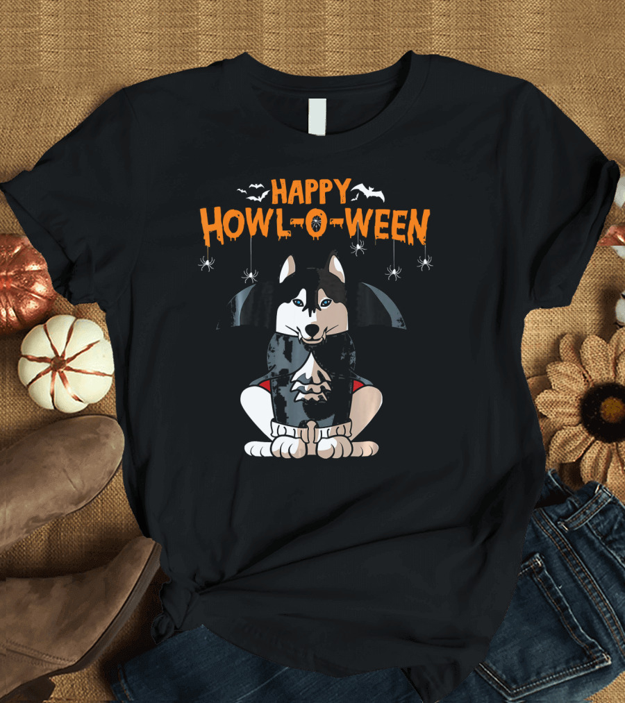 Happy Howl-O-Ween Siberian Husky Vampire with Bats and Spiders T-Shirt