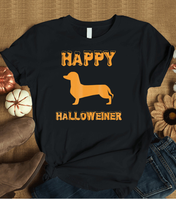 T-Shirt: Happy Halloweiner Dachshund Silhouette Halloween Fun T-Shirt Happy Halloweiner Dachshund Silhouette Halloween Fun T-Shirt