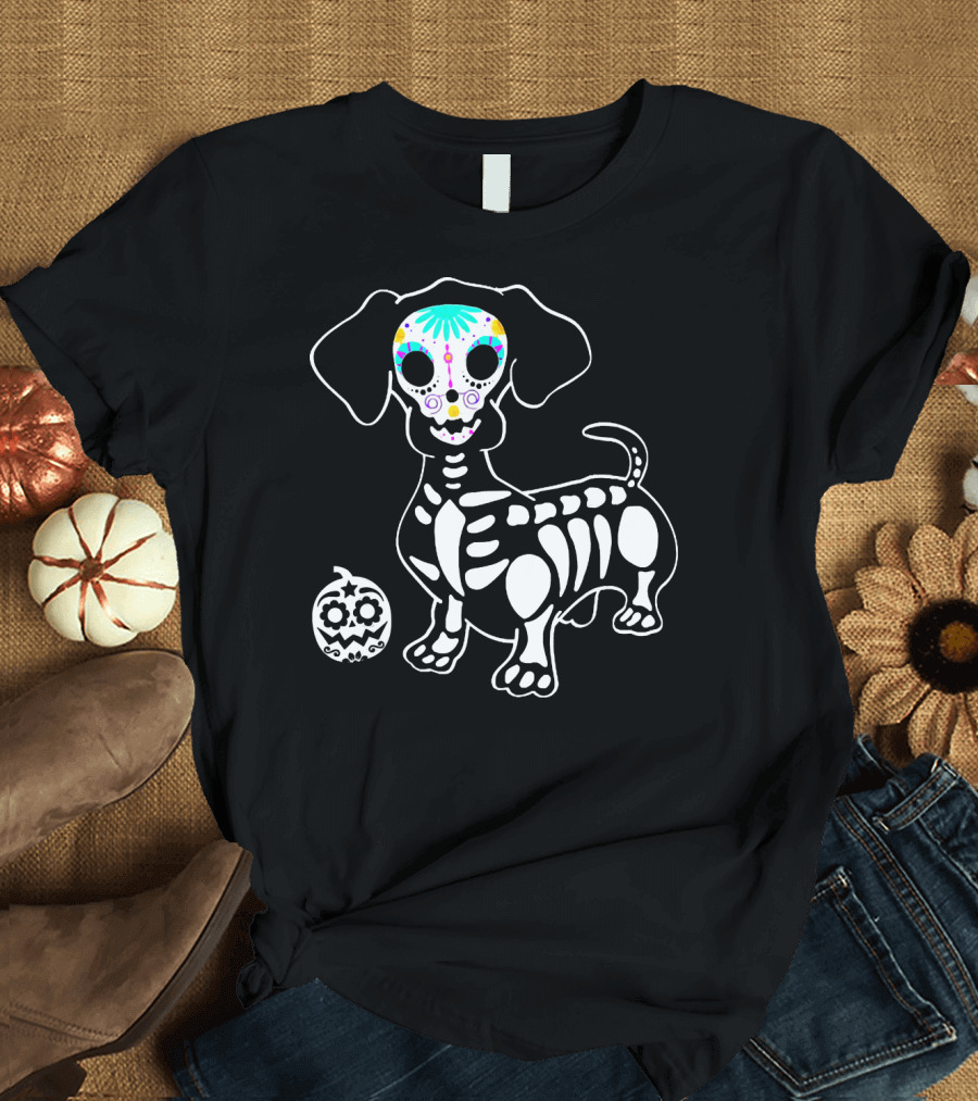 Day of the Dead Dachshund Skeleton with Pumpkin T-Shirt