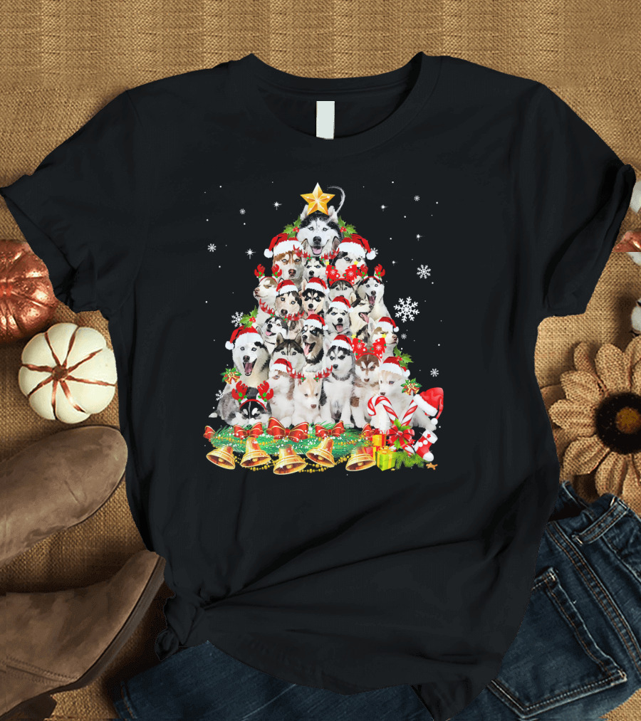 Siberian Husky Christmas Tree with Santa Hats and Bell Decorations T-Shirt