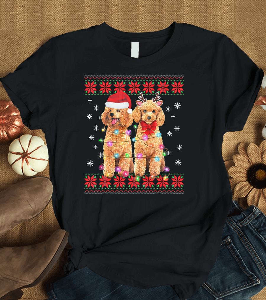 Poodle Dog Ugly Christmas Puppy Santa Hat Reindeer Lights T-Shirt