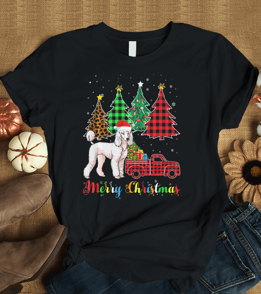 Merry Christmas Poodle Red Plaid Truck Christmas Trees T-Shirt