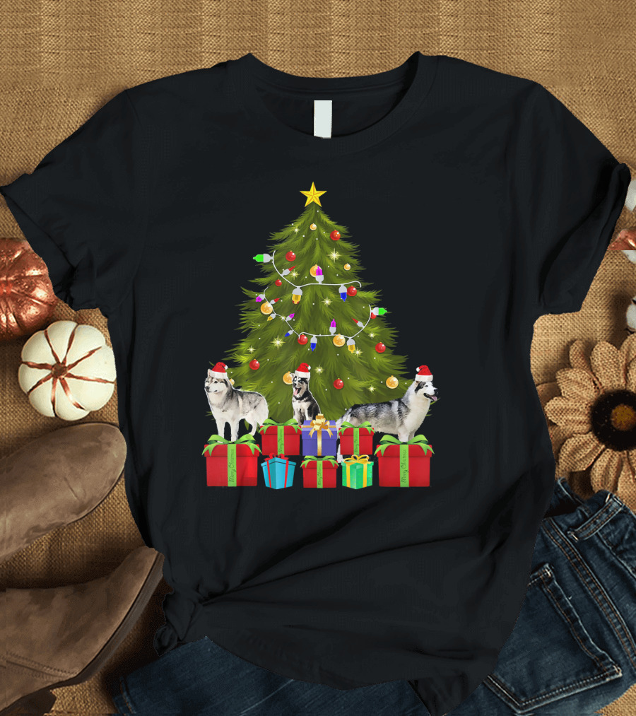 Santa Husky Under Christmas Tree with Lights and Gifts T-Shirt