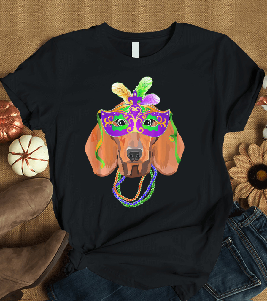 Mardi Gras Dachshund Mask Beads Feathers T-Shirt