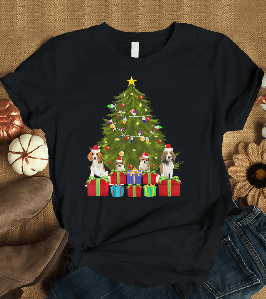 Santa Beagle Christmas Tree Lights Presents T-Shirt