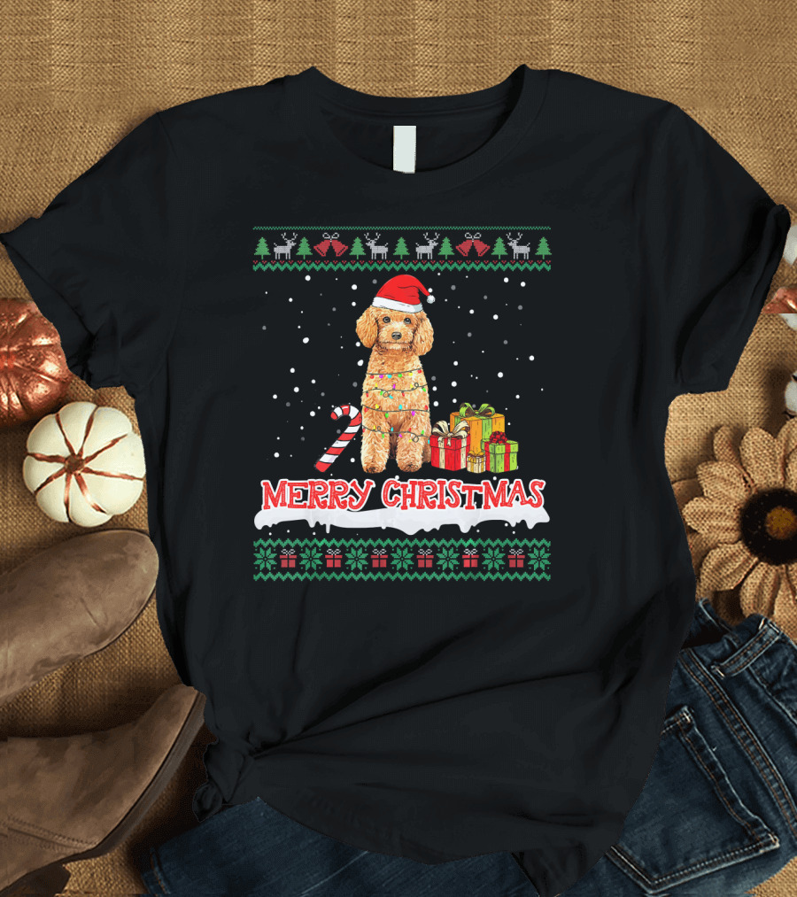 Merry Christmas Poodle with Santa Hat and Gifts Holiday T-Shirt