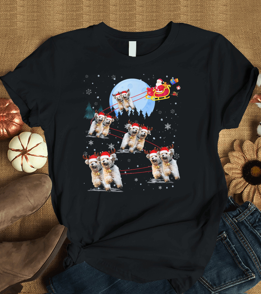 Poodle Reindeer Santa Sleigh Under Moonlight Christmas Scene T-Shirt