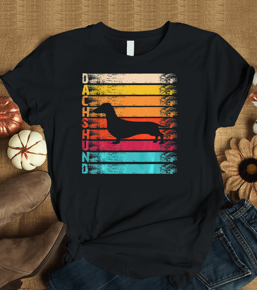 Retro Distressed Dachshund Silhouette Vertical Rainbow Stripe Vintage T-Shirt