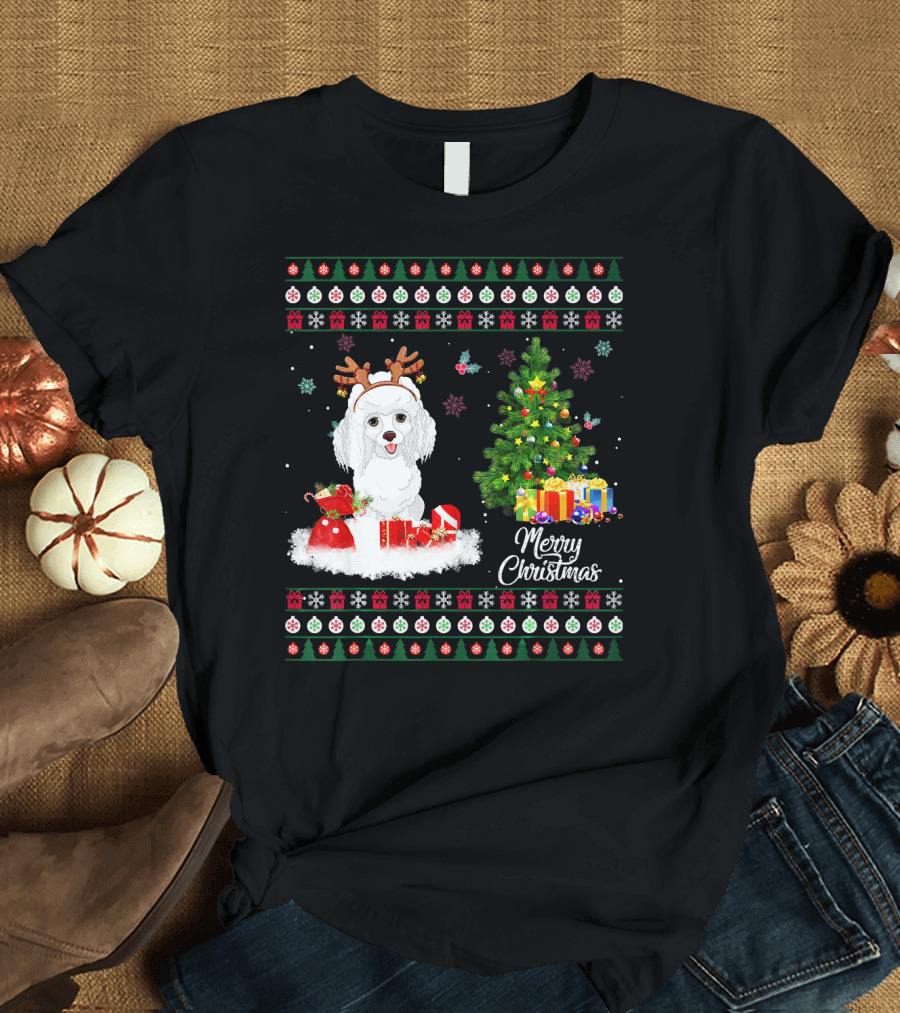 Merry Christmas Poodle Funny Reindeer with Gifts and Tree T-Shirt