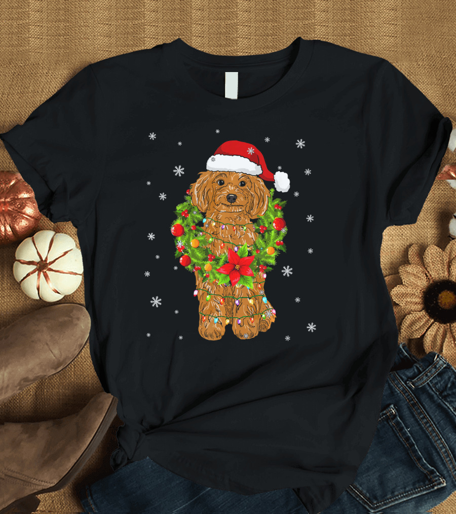 Santa Poodle Dog Wrapped in Christmas Lights and Festive Wreath T-Shirt