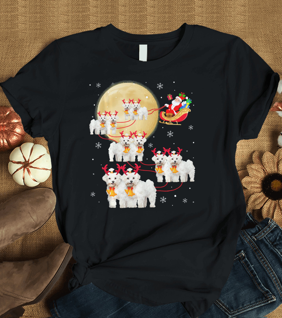 Santa's Sleigh Led by Poodle Reindeer Dogs Moonlit Christmas Scene T-Shirt