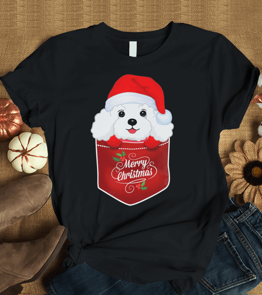 Merry Christmas Poodle with Santa Hat in Pocket Dog Love T-Shirt