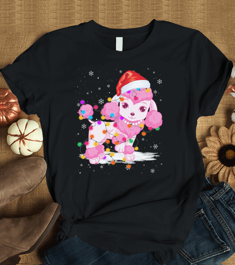 Poodle with Santa Hat and Festive Christmas String Lights T-Shirt