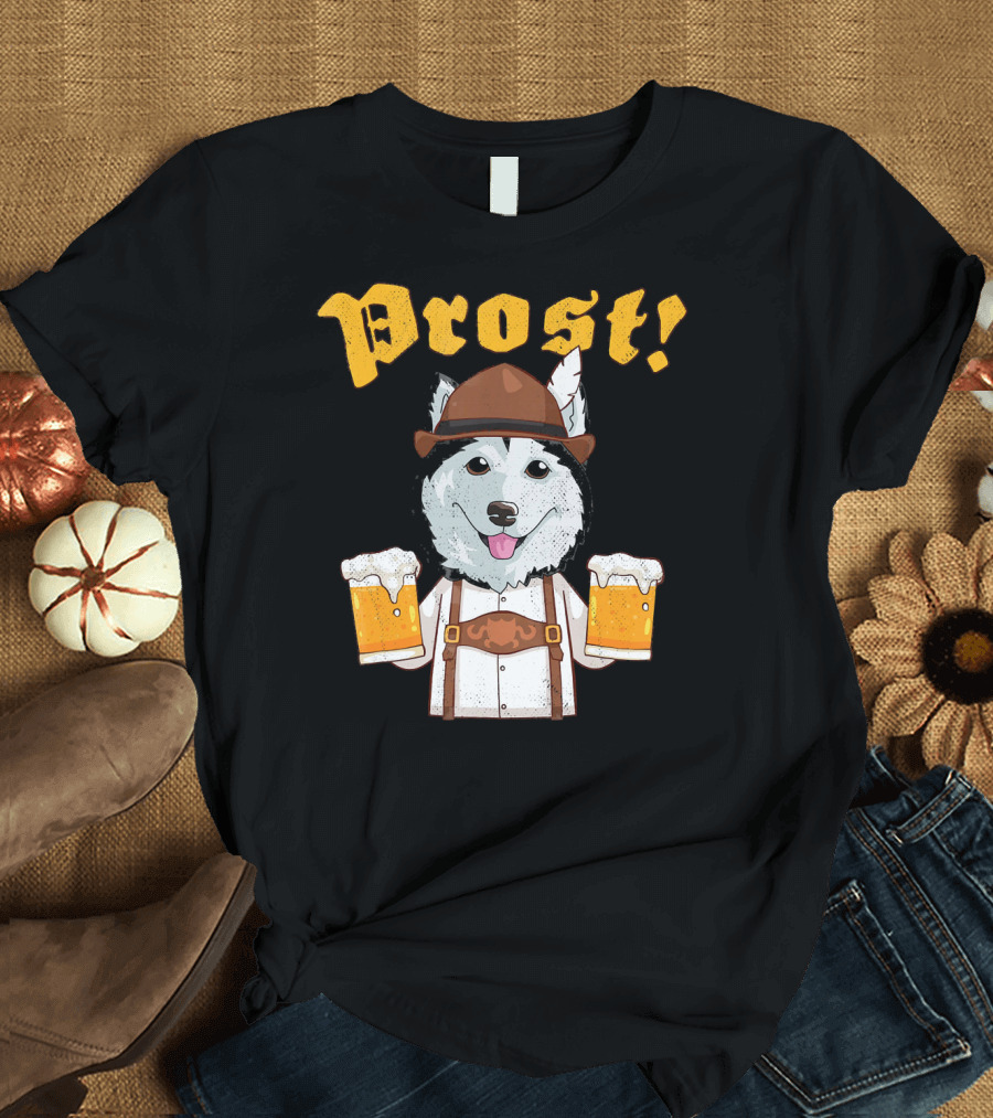 Prost Siberian Husky Lederhosen Holding Beer Mugs T-Shirt