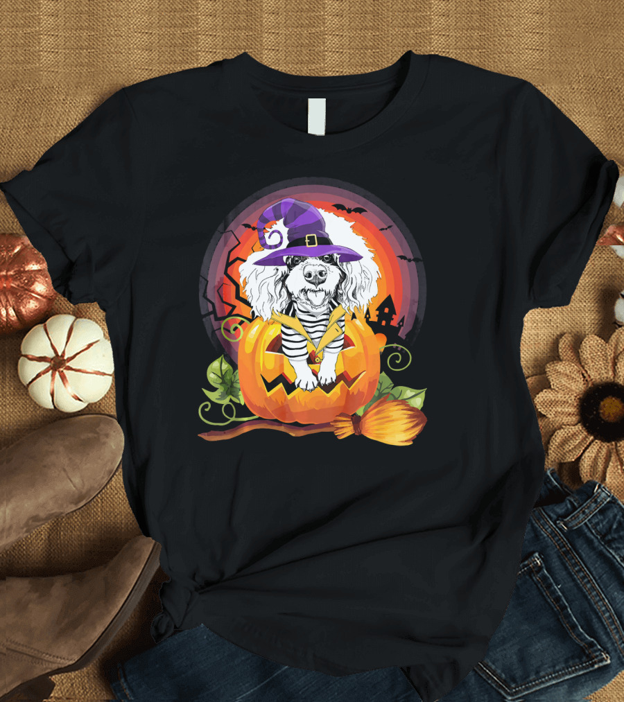 Poodle Witch in Pumpkin with Broomstick Halloween Dog Love T-Shirt