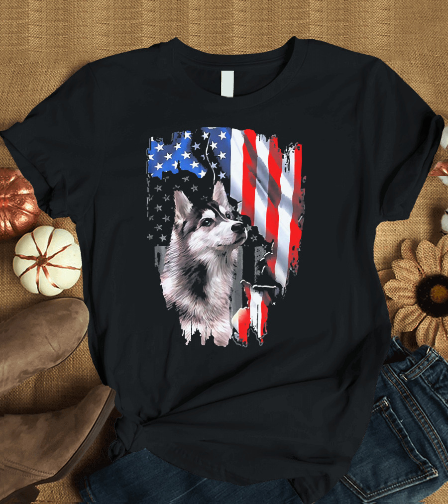 Siberian Husky Dog with American Flag T-Shirt