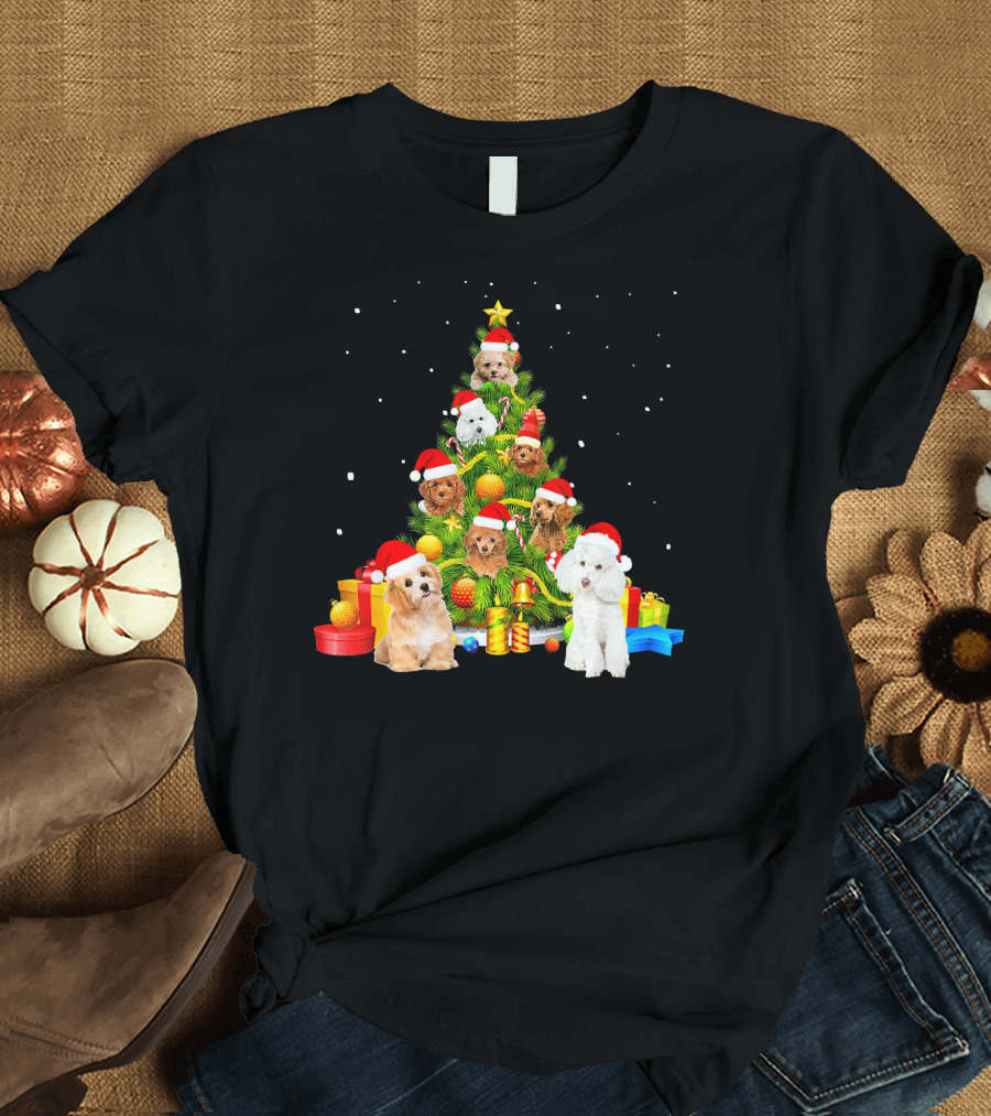 Poodle Puppies in Santa Hats on Christmas Tree with Presents T-Shirt