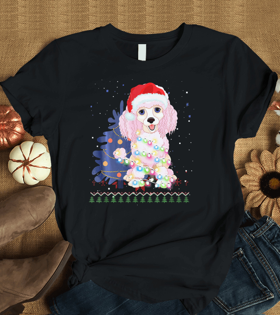 Christmas Poodle Wrapped in Lights with Santa Hat and Festive Tree T-Shirt