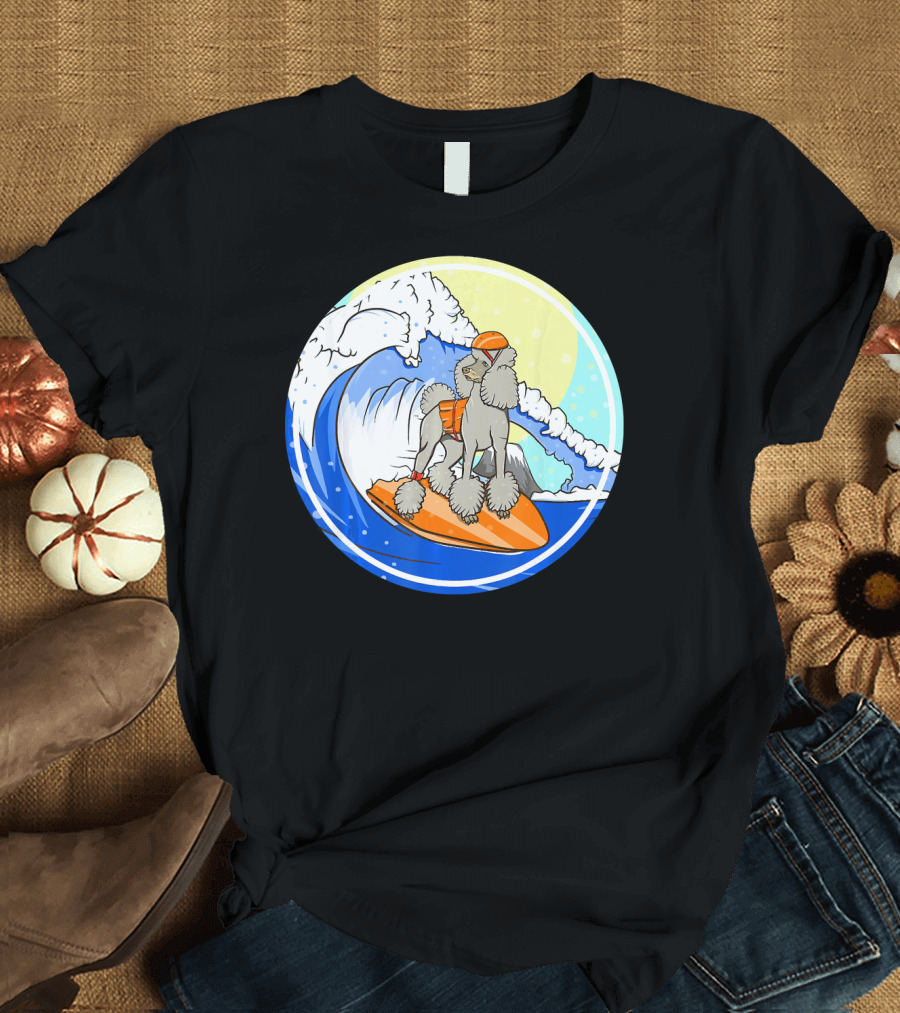 Poodle Dog Surfing Cartoon on Orange Board Riding Ocean Wave T-Shirt