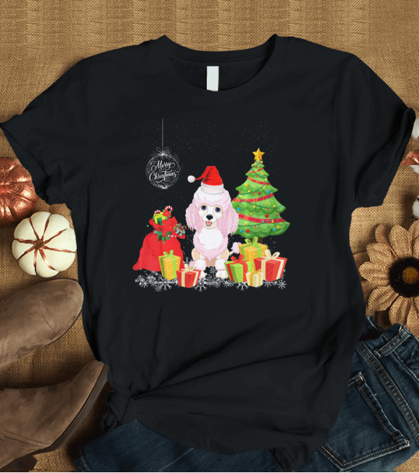 T-Shirt: Merry Christmas Poodle with Festive Tree and Gifts T-Shirt Merry Christmas Poodle with Festive Tree and Gifts T-Shirt