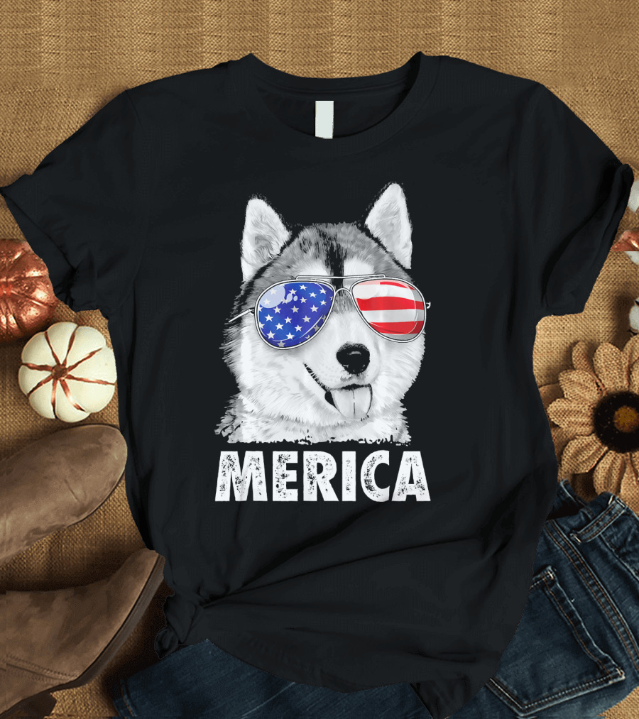 Siberian Husky Wearing American Flag Sunglasses Merica 4th of July T-Shirt