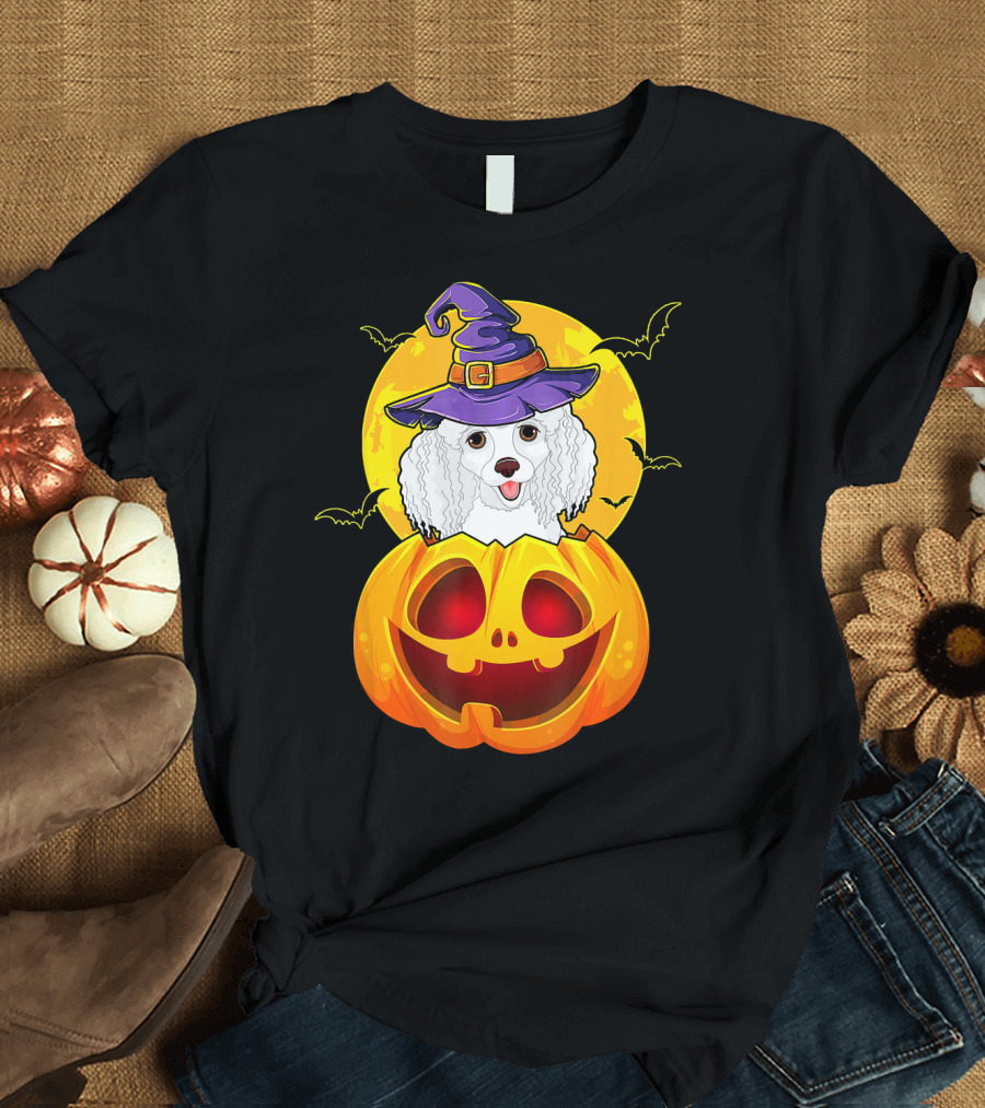 Poodle Witch Hat in Jack O' Lantern Pumpkin Halloween Night T-Shirt