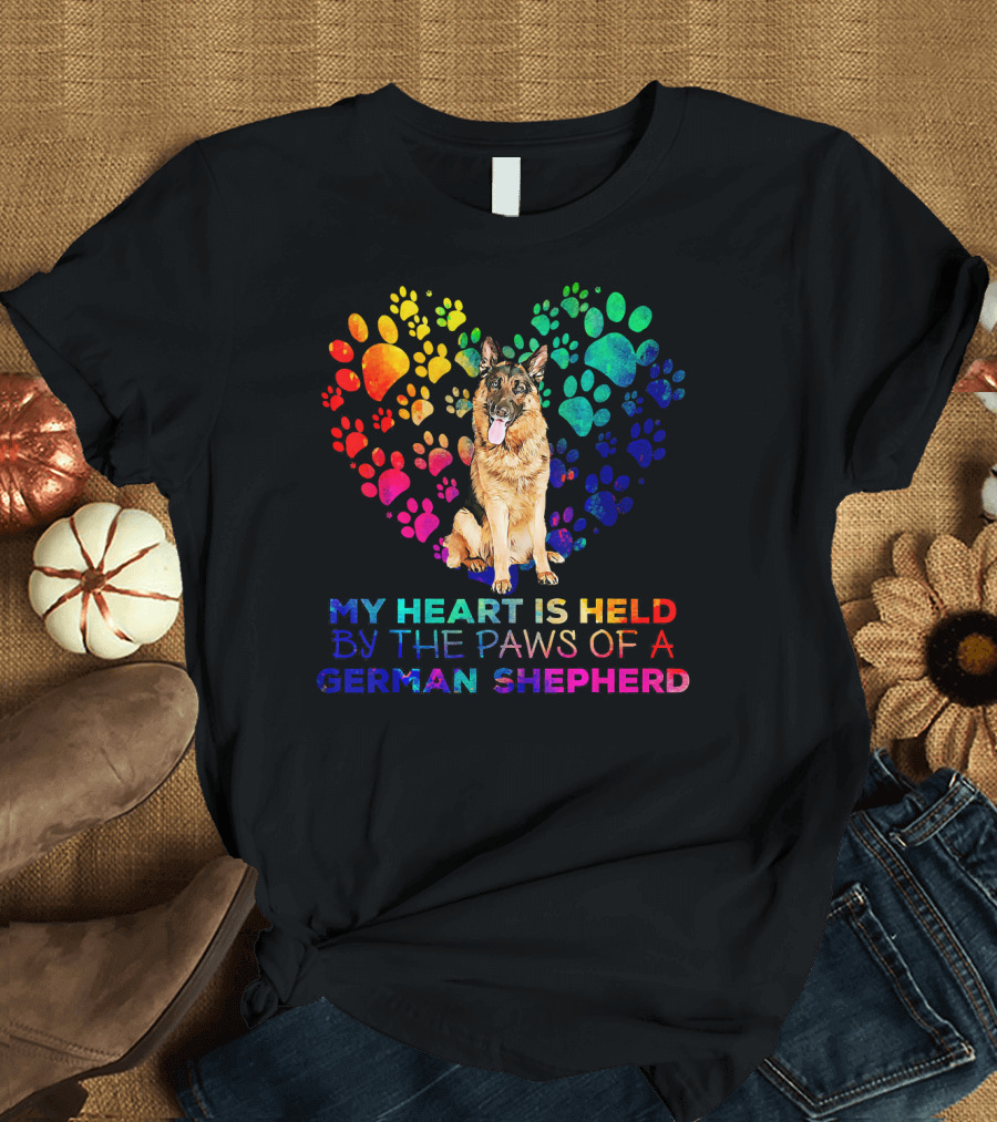 My Heart Is Held By The Paws Of A German Shepherd Rainbow Paw Print Heart T-Shirt