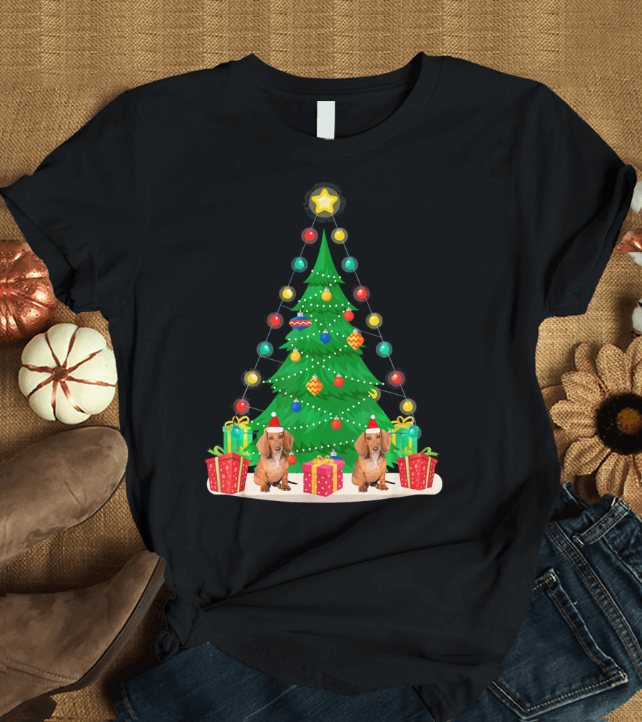 Santa Dachshund Dog Festive Christmas Tree with Presents and Lights T-Shirt
