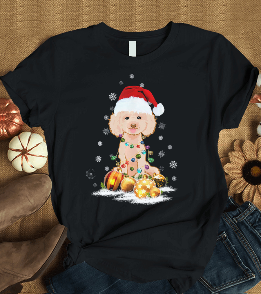 Poodle Christmas Lights Festive Dog Lovers with Santa Hat and Ornaments T-Shirt
