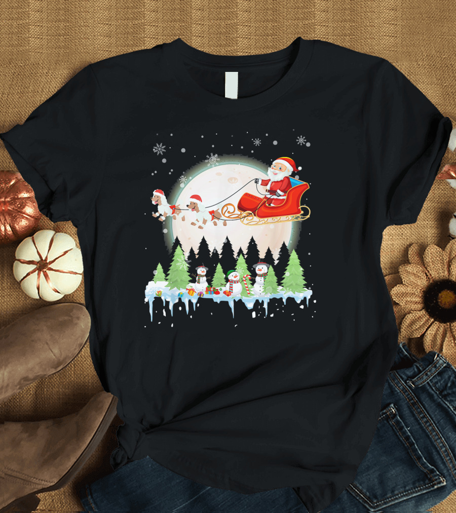 Santa Claus on Sleigh with Poodles over Winter Wonderland with Snowmen and Christmas Trees T-Shirt