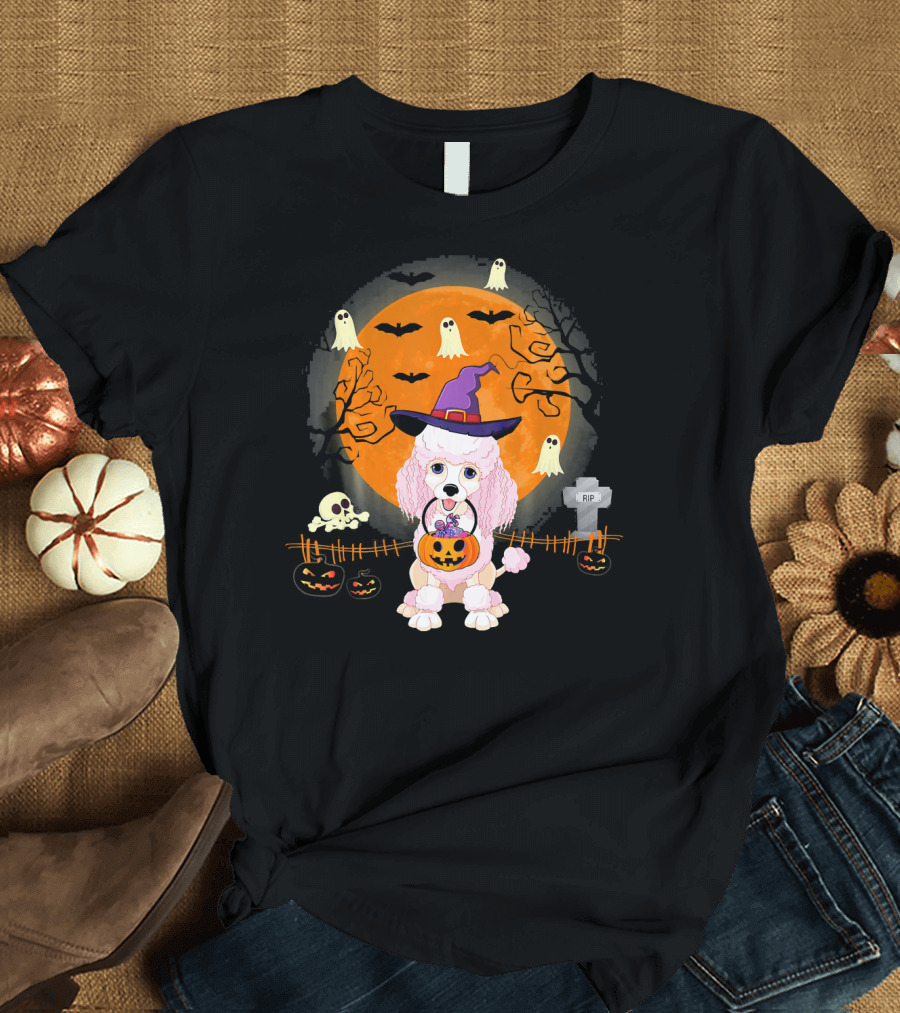 Poodle Witch with Pumpkin under Halloween Moon with Ghosts and Bats T-Shirt