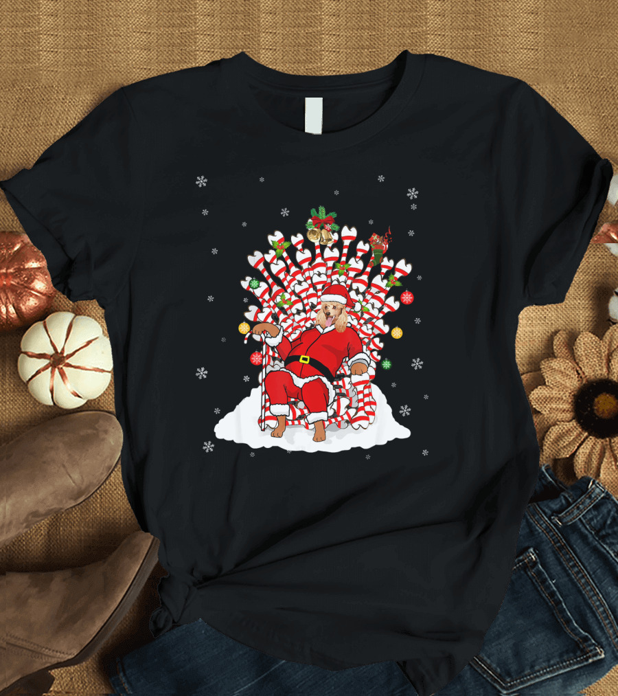 Santa Poodle On Candy Cane Throne With Snowflakes And Ornaments T-Shirt
