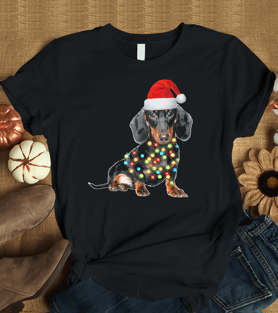 Santa Dachshund with Festive Christmas Lights T-Shirt
