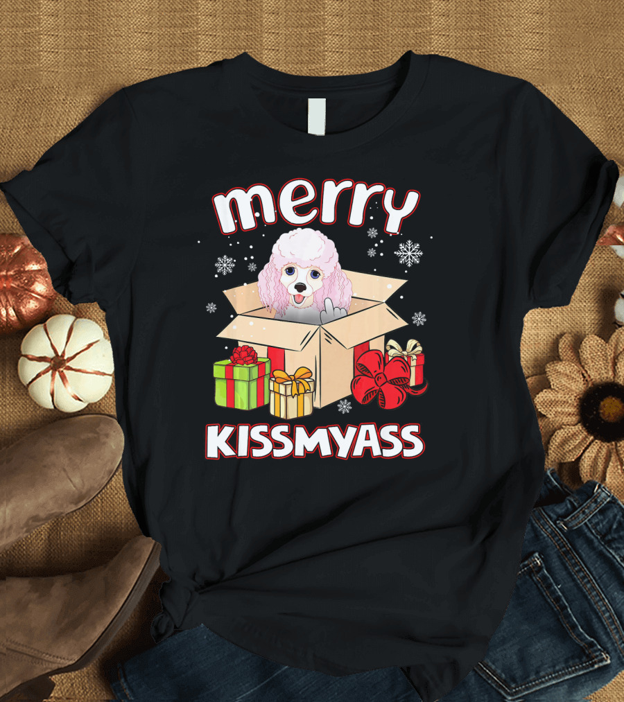 Merry Kissmyass Poodle in Box with Xmas Gifts and Snowflakes T-Shirt