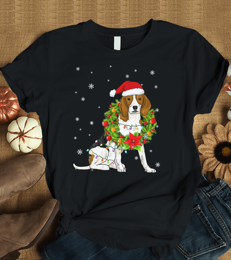 Santa Beagle with Christmas Lights and Wreath Snowflakes T-Shirt