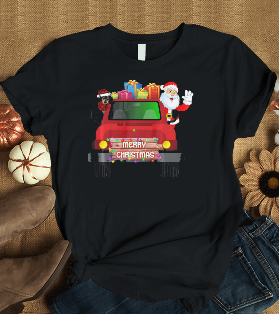 Merry Christmas Funny Dachshund and Santa on Red Truck with Presents T-Shirt