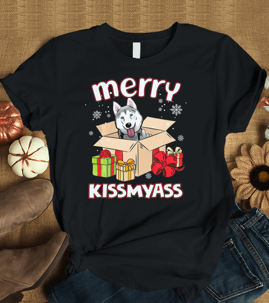 Merry Kissmyass Husky in Christmas Box with Gifts and Snowflakes T-Shirt