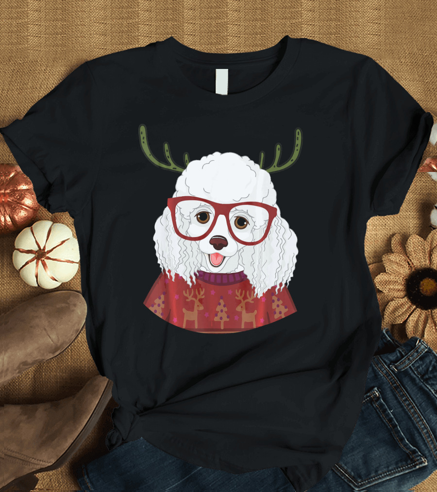 Reindeer Antlers Poodle Dog with Red Glasses and Christmas T-Shirt