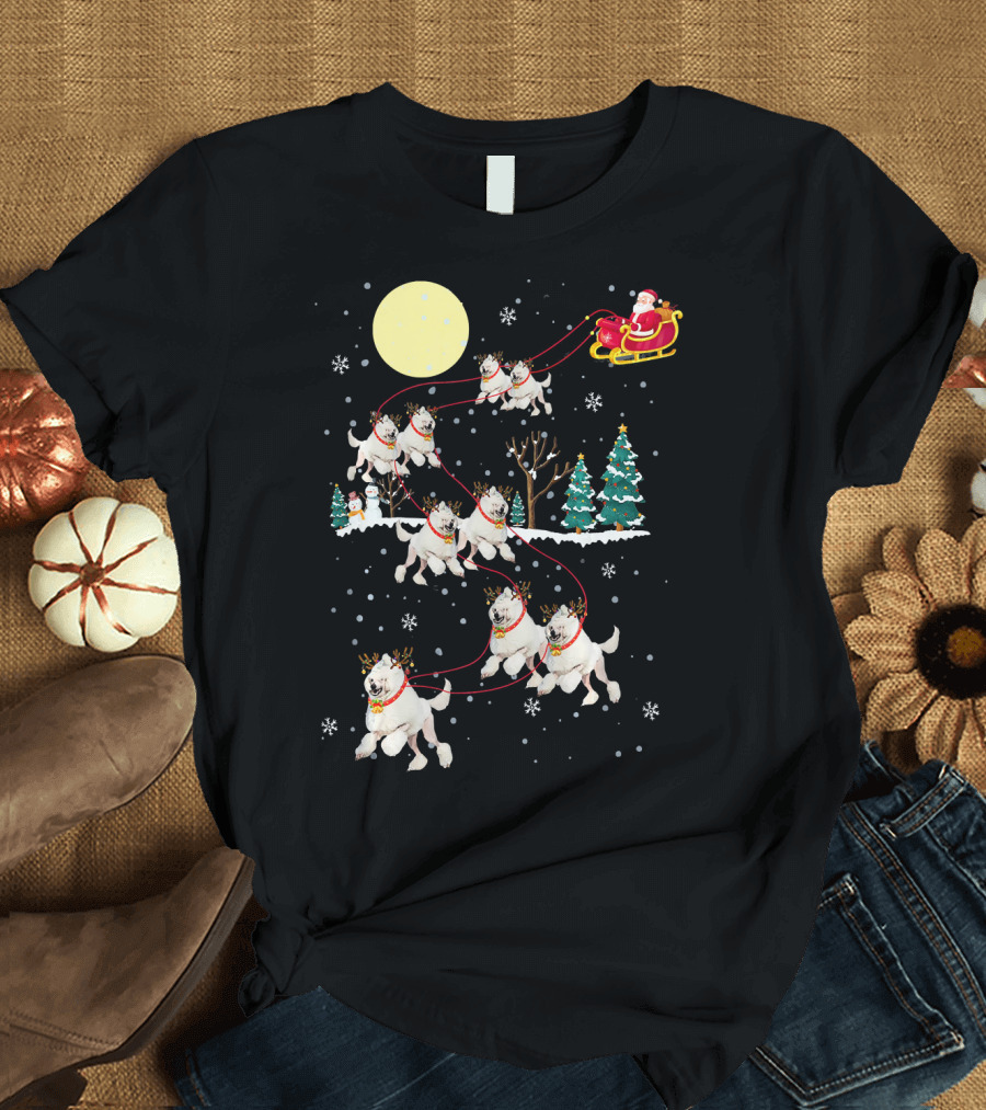 Santa Claus Sleigh with Poodle Reindeer in Snowy Night T-Shirt