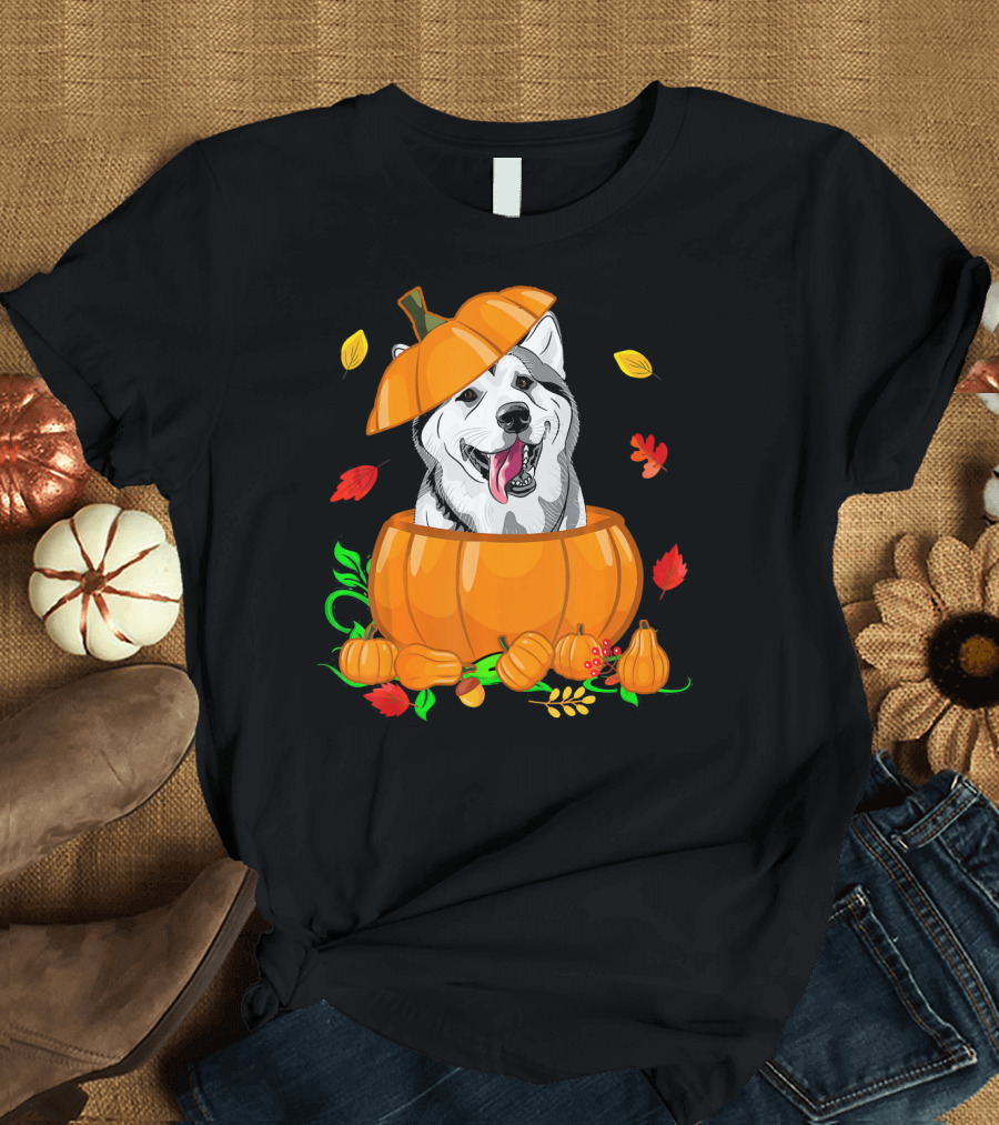 Pumpkin Siberian Husky Autumn Leaves Fall Decor T-Shirt