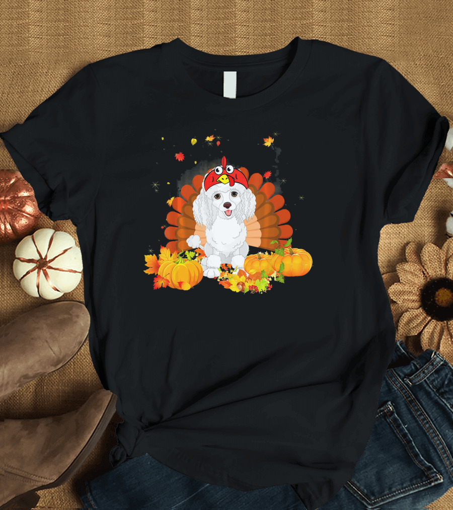 Poodle in Turkey Costume with Pumpkins and Fall Leaves T-Shirt