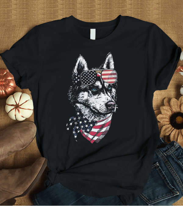 T-Shirt: Siberian Husky American Flag Sunglasses 4th of July USA T-Shirt Siberian Husky American Flag Sunglasses 4th of July USA T-Shirt