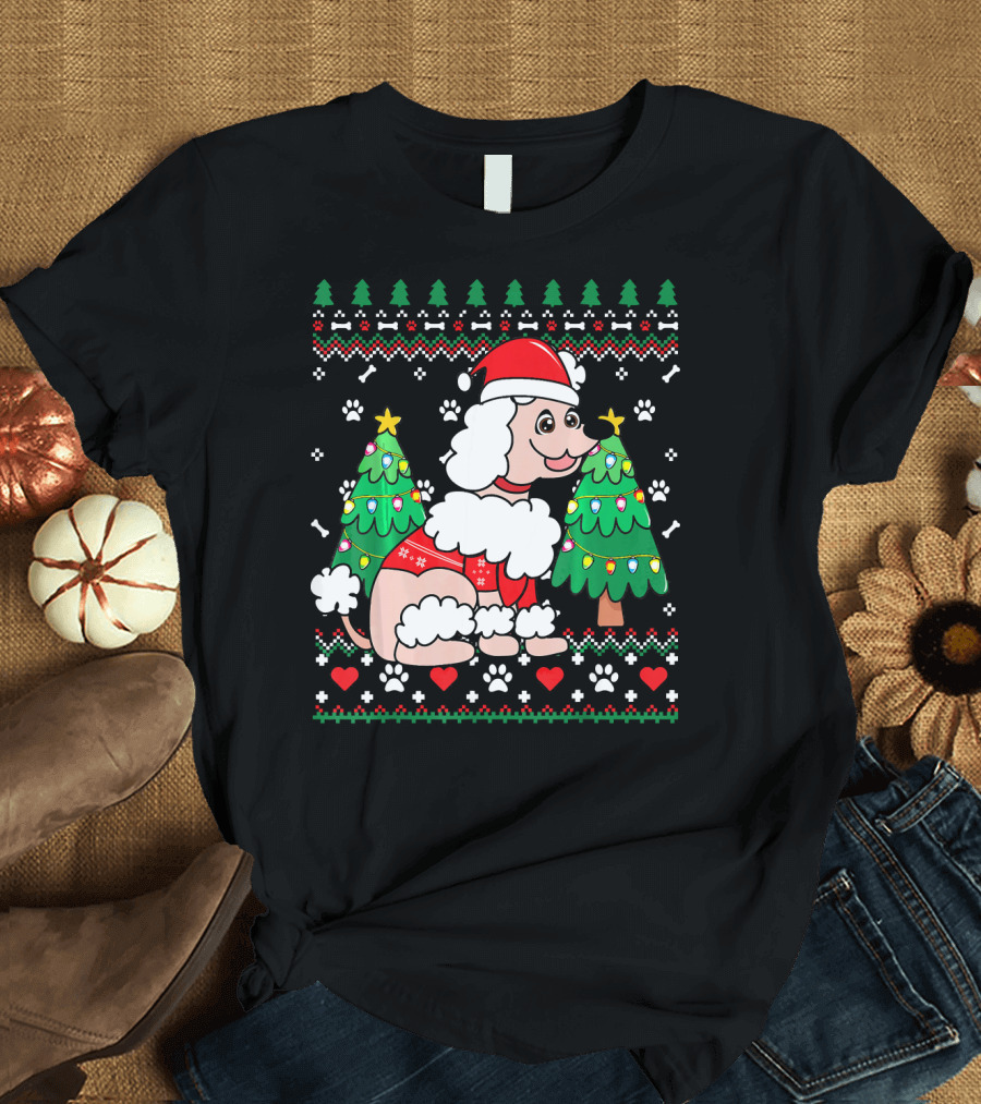 Poodle in Santa Hat with Christmas Ornament Trees and Paw Prints T-Shirt