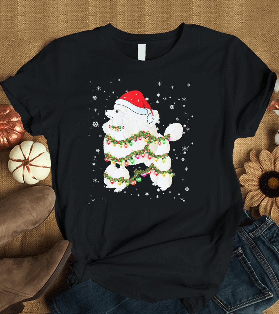 Poodle Dog Christmas Lights Santa Hat Snowflakes T-Shirt